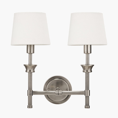 pacific lifestyle Salvatore Antique Silver Metal Double Wall Light with Pelham 15cm White Handloom Tapered Candle Clip Lampshades