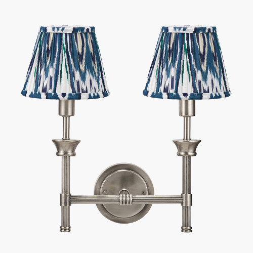 pacific lifestyle Salvatore Antique Silver Metal Double Wall Light with Izara 16cm Ocean Blue Ikat Patterned Mushroom Pleat Tapered Lampshade