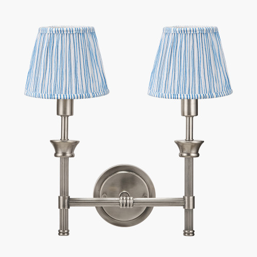 pacific lifestyle Salvatore Antique Silver Metal Double Wall Light with Thiago 16cm Ocean Blue Stripe Mushroom Pleat Tapered Lampshade