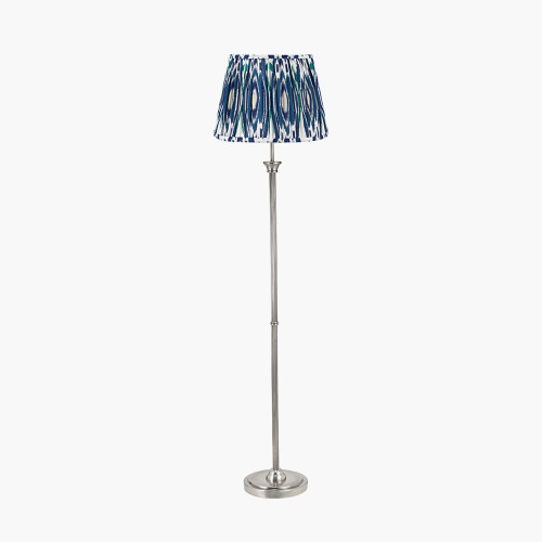 pacific lifestyle Salvatore Antique Silver Metal Floor Lamp Base with Izara 45cm Ocean Blue Ikat Patterned Mushroom Pleat Tapered Lampshade