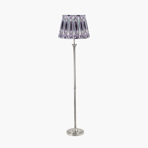pacific lifestyle Salvatore Antique Silver Metal Floor Lamp Base with Izara 45cm Lilac Ikat Patterned Mushroom Pleat Tapered Lampshade