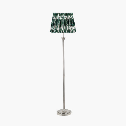 pacific lifestyle Salvatore Antique Silver Metal Floor Lamp Base with Izara 45cm Racing Green Ikat Patterned Mushroom Pleat Tapered Lampshade