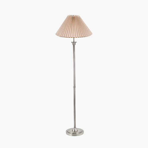 pacific lifestyle Salvatore Antique Silver Metal Floor Lamp Base with Amelia 45cm Natural Linen Hard Pleat Tapered Lampshade