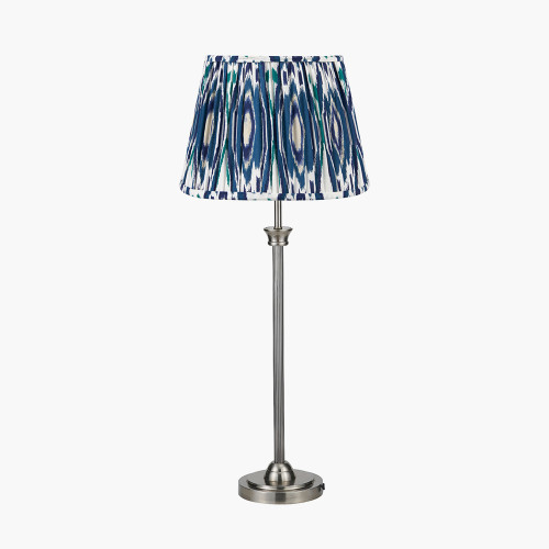 pacific lifestyle Salvatore Antique Silver Metal Table Lamp Base with Izara 35cm Ocean Blue Ikat Patterned Mushroom Pleat Tapered Lampshade