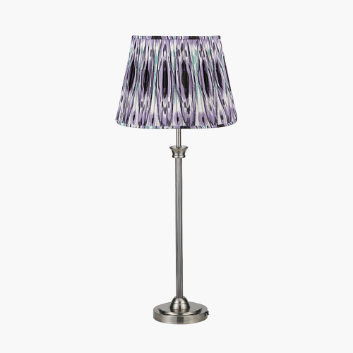 pacific lifestyle Salvatore Antique Silver Metal Table Lamp Base with Izara 35cm Lilac Ikat Patterned Mushroom Pleat Tapered Lampshade