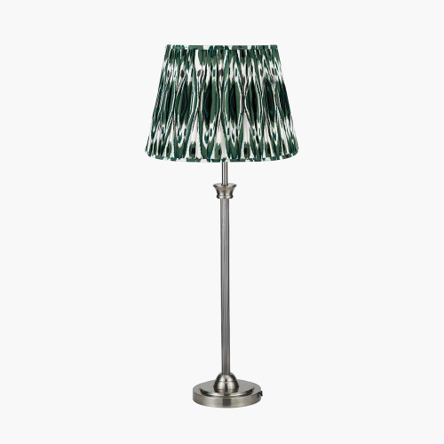 pacific lifestyle Salvatore Antique Silver Metal Table Lamp Base with Izara 35cm Racing Green Ikat Patterned Mushroom Pleat Tapered Lampshade