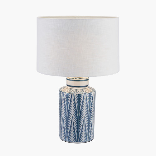 Pacific Lifestyle Samara Blue And White Aztec Pattern Ceramic Table Lamp Base With Lino 35cm White Self Lined Linen Cylinder Lampshade