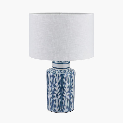pacific lifestyle Samara Blue and White Aztec Pattern Ceramic Table Lamp Base with Lino 35cm White Self Lined Linen Cylinder Lampshade