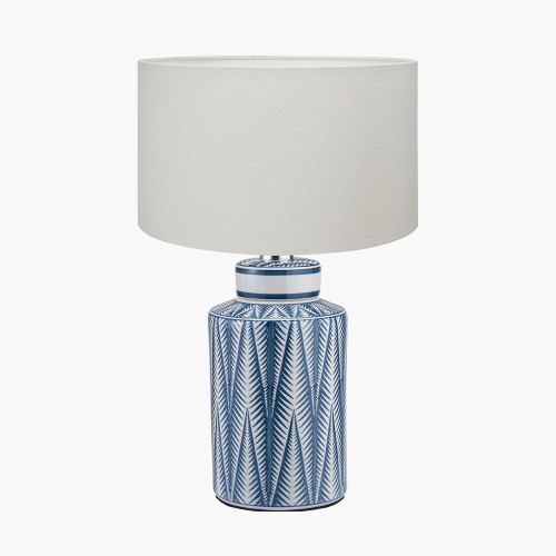 pacific lifestyle Samara Blue and White Aztec Pattern Ceramic Table Lamp Base with Henry 30cm White Handloom Cylinder Lampshade