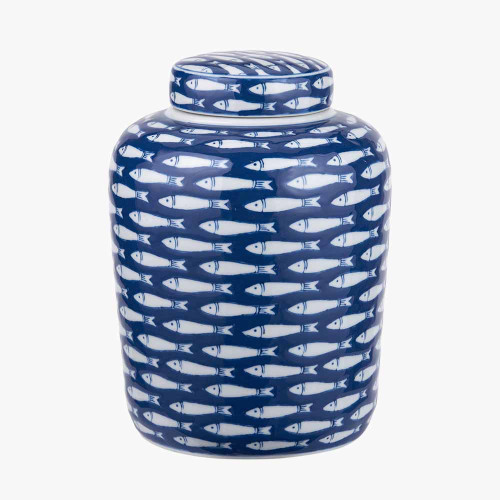 Pacific Lifestyle Schoal Blue And White Ceramic Fish Detail Lidded Ginger Jar