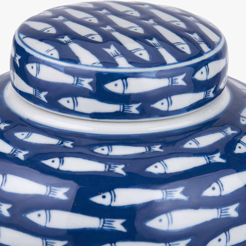 Pacific Lifestyle Schoal Blue And White Ceramic Fish Detail Lidded Ginger Jar