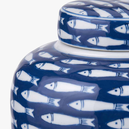 Pacific Lifestyle Schoal Blue And White Ceramic Fish Detail Lidded Ginger Jar