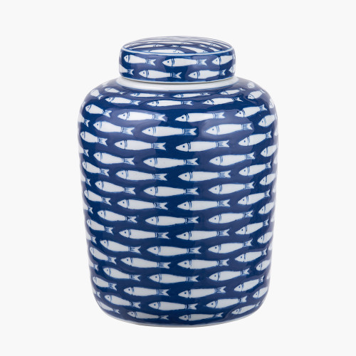 pacific lifestyle Schoal Blue and White Ceramic Fish Detail Lidded Ginger Jar