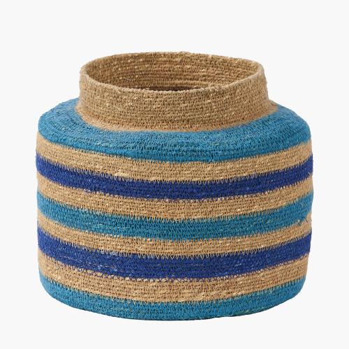 Pacific Lifestyle Seagrass Natural Blue And Turquoise Stripe Round Basket