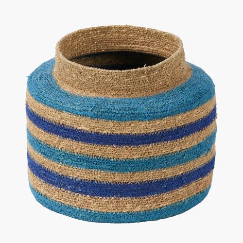 Pacific Lifestyle Seagrass Natural Blue And Turquoise Stripe Round Basket