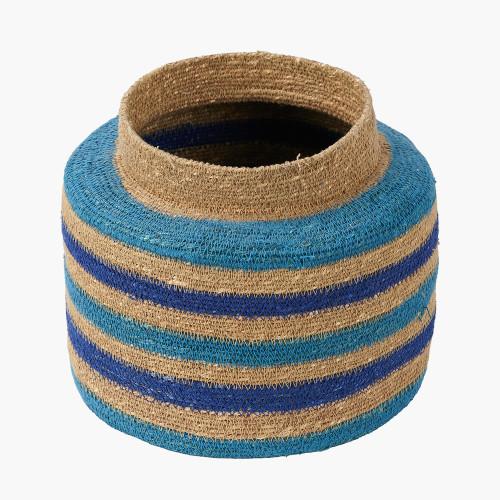 Pacific Lifestyle Seagrass Natural Blue And Turquoise Stripe Round Basket
