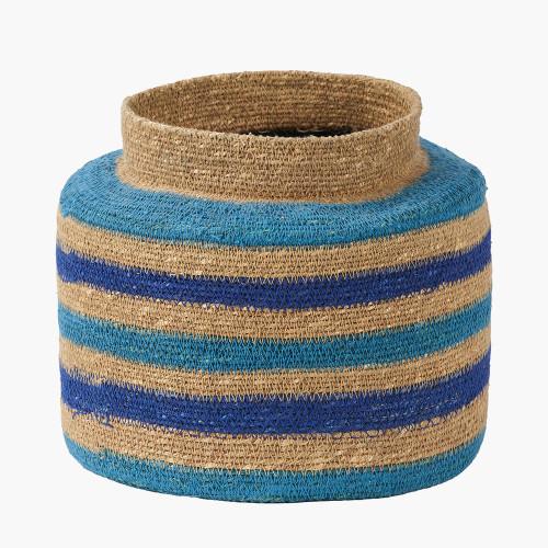 pacific lifestyle Seagrass Natural Blue and Turquoise Stripe Round Basket