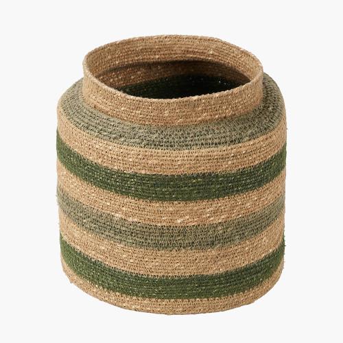 Pacific Lifestyle Seagrass Natural Green And Sage Stripe Round Basket