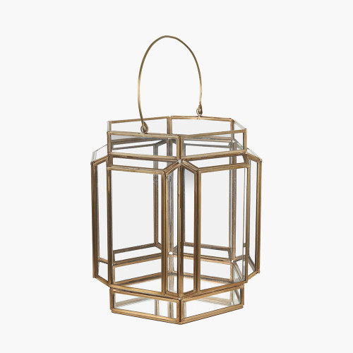 Pacific Lifestyle Shiny Brass Metal And Glass Hexagon Wide Lantern