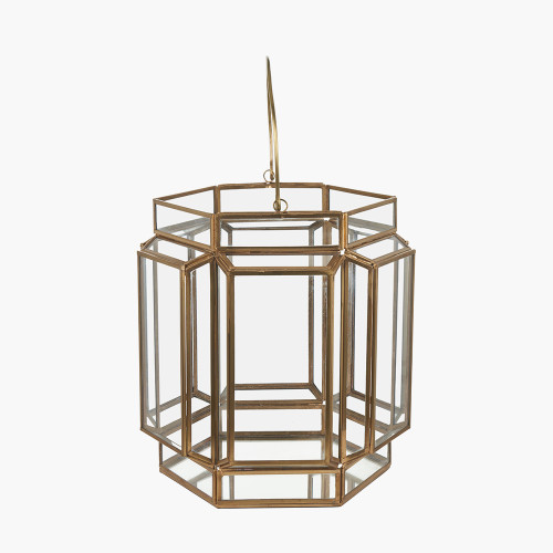 Pacific Lifestyle Shiny Brass Metal And Glass Hexagon Wide Lantern