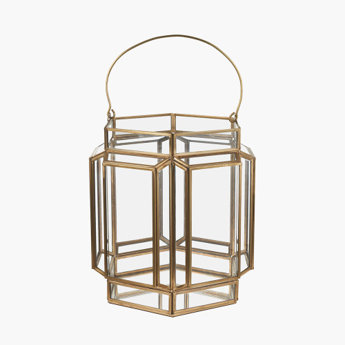 Pacific Lifestyle Shiny Brass Metal And Glass Hexagon Wide Lantern