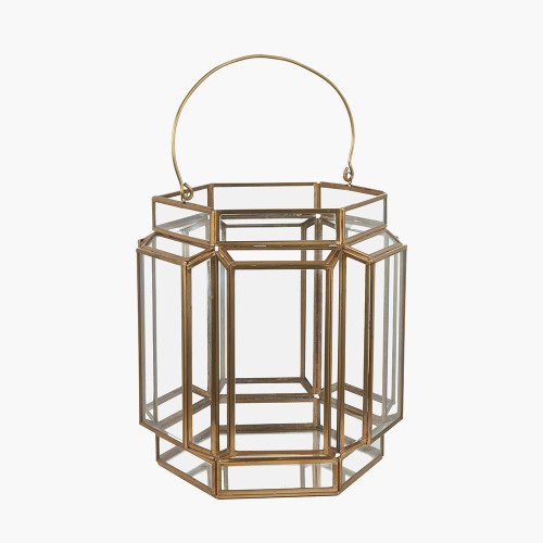 pacific lifestyle Shiny Brass Metal and Glass Hexagon Wide Lantern