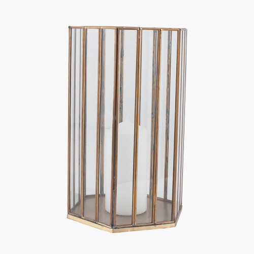 Pacific Lifestyle Shiny Brass Metal And Glass Hexagonal Lantern Large