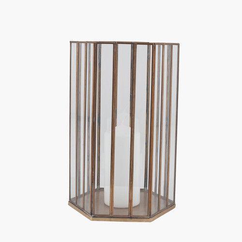 pacific lifestyle Shiny Brass Metal and Glass Hexagonal Lantern Large