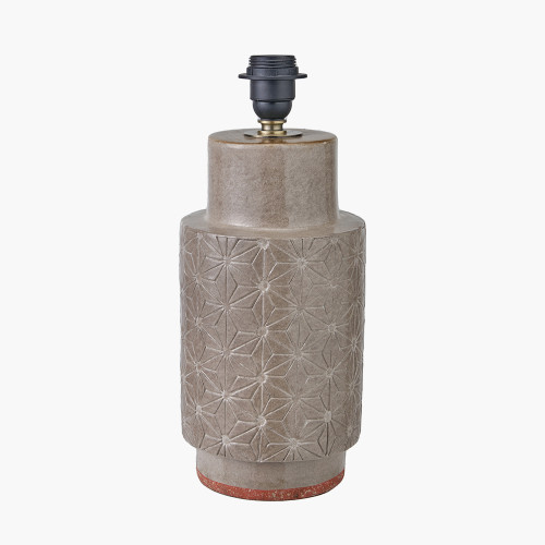 Pacific Lifestyle Sidra Grey Stoneware Etch Detail Table Lamp Base With Lino 35cm White Self Lined Linen Cylinder Lampshade