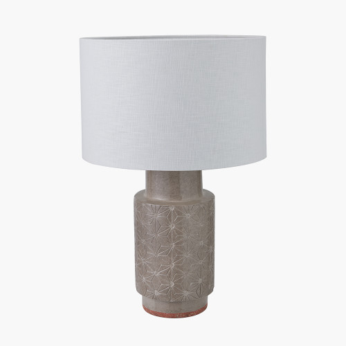pacific lifestyle Sidra Grey Stoneware Etch Detail Table Lamp Base with Lino 35cm White Self Lined Linen Cylinder Lampshade