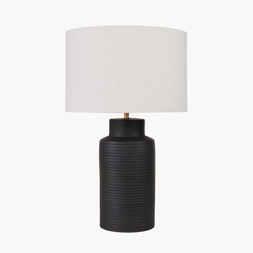 pacific lifestyle Sierra Black Tall Ribbed Terracotta Table Lamp Base with Lino 35cm White Self Lined Linen Cylinder Lampshade