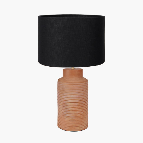 pacific lifestyle Sierra Natural Tall Ribbed Terracotta Table Lamp Base with Lino 35cm Black Self Lined Linen Cylinder Lampshade