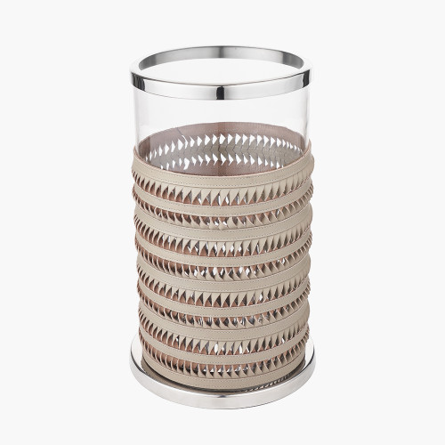 Pacific Lifestyle Silver Metal Clear Glass And Grey Plaited Leather Hurricane Large