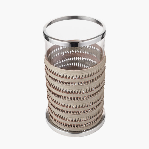 Pacific Lifestyle Silver Metal Clear Glass And Grey Plaited Leather Hurricane Large