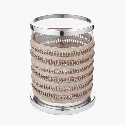 Pacific Lifestyle Silver Metal Clear Glass And Grey Plaited Leather Hurricane Small