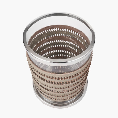 Pacific Lifestyle Silver Metal Clear Glass And Grey Plaited Leather Hurricane Small