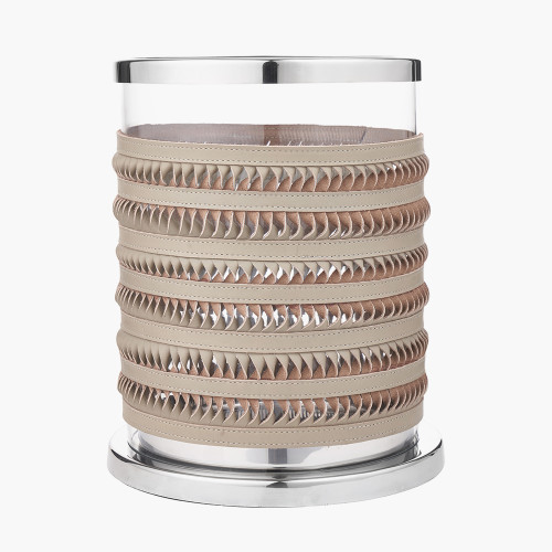 pacific lifestyle Silver Metal Clear Glass and Grey Plaited Leather Hurricane Small