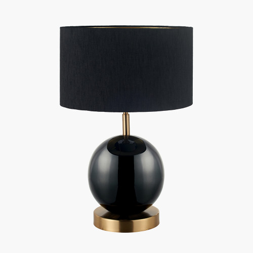 pacific lifestyle Sofia Black and Gold Enamel Table Lamp Base with Stellan 35cm Black Slubbed Silk Mix Gold Lined Cylinder Lampshade