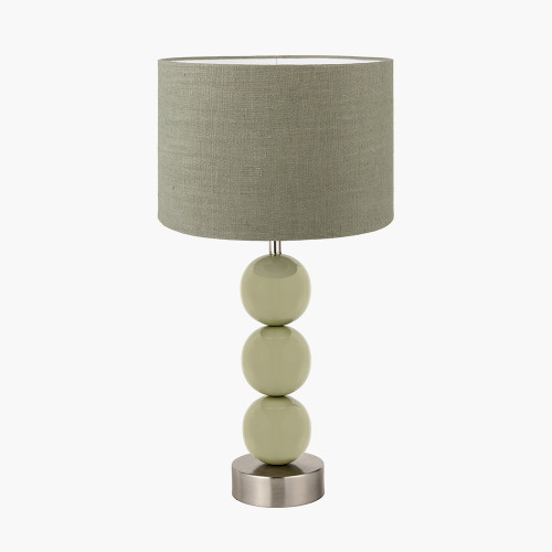 pacific lifestyle Sofia Sage and Silver Enamel 3 Ball Table Lamp Base with Edward 35cm Pistachio Green Linen Cylinder Lampshade