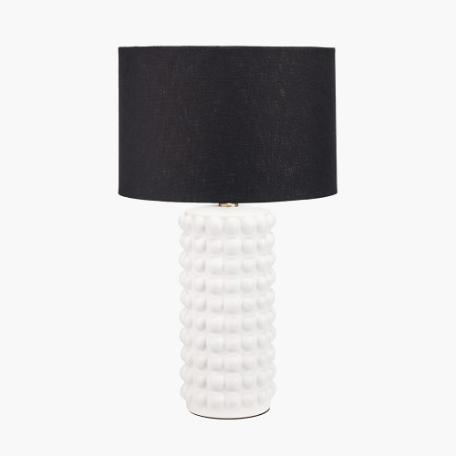 pacific lifestyle Sohan White Bobbled Ceramic Tall Table Lamp Base with Lino 40cm Black Self Lined Linen Cylinder Lampshade