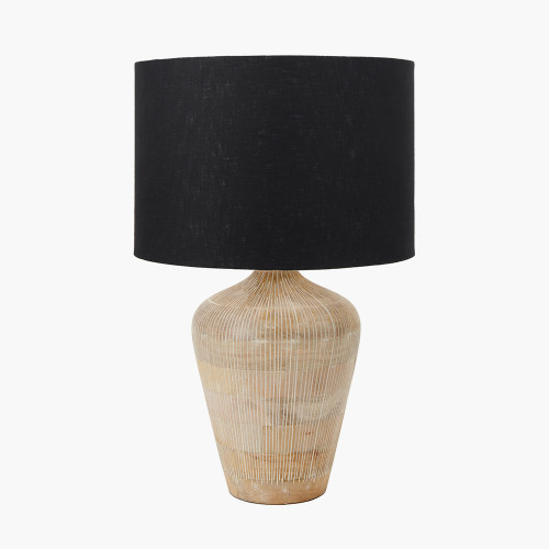 pacific lifestyle Taika White Wash Textured Wood Table Lamp Base with Lino 40cm Black Self Lined Linen Cylinder Lampshade