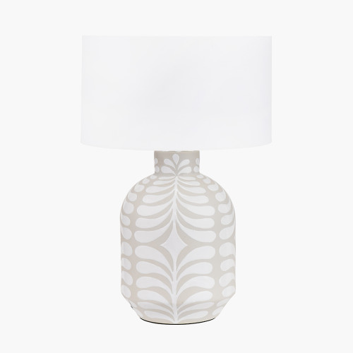 pacific lifestyle Tania Grey and White Pattern Ceramic Table Lamp Base with Lino 35cm White Self Lined Linen Cylinder Lampshade