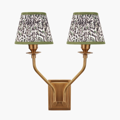 pacific lifestyle Tatiana Antique Brass Metal Double Wall Light with Ornella 16cm Green Floral Design Mushroom Pleat Tapered Lamp Shade