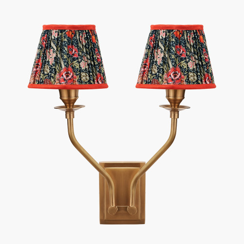 pacific lifestyle Tatiana Antique Brass Metal Double Wall Light with Floressa 16cm Red Floral Patterned Mushroom Pleat Tapered Lamp Shade