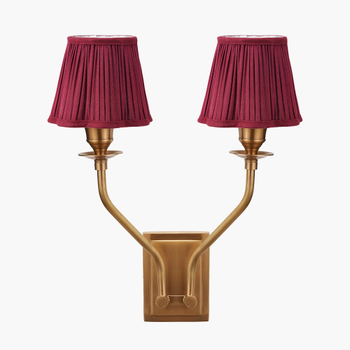 pacific lifestyle Tatiana Antique Brass Metal Double Wall Light with Malia 18cm Mulberry Red Mushroom Pleat Scalloped Tapered Lamp Shade