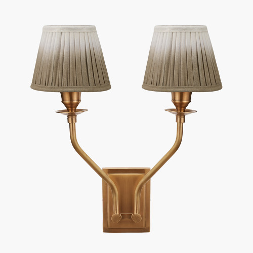 pacific lifestyle Tatiana Antique Brass Metal Double Wall Light with Scallop 16cm Taupe Ombre Soft Pleated Tapered Lampshade