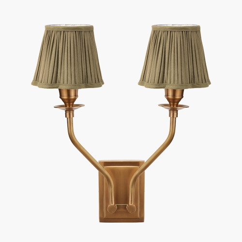 pacific lifestyle Tatiana Antique Brass Metal Double Wall Light with Malia 18cm Olive Mushroom Pleat Scalloped Tapered Lamp Shade