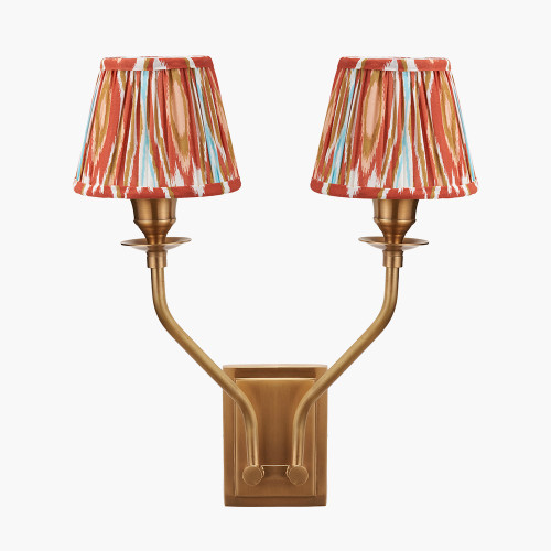 pacific lifestyle Tatiana Antique Brass Metal Double Wall Light with Izara 16cm Cinnamon Ikat Patterned Mushroom Pleat Tapered Lampshade
