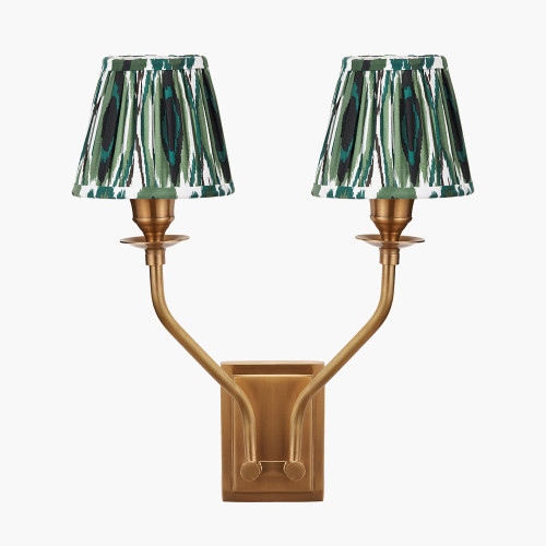 pacific lifestyle Tatiana Antique Brass Metal Double Wall Light with Izara 16cm Racing Green Ikat Patterned Mushroom Pleat Tapered Lampshade