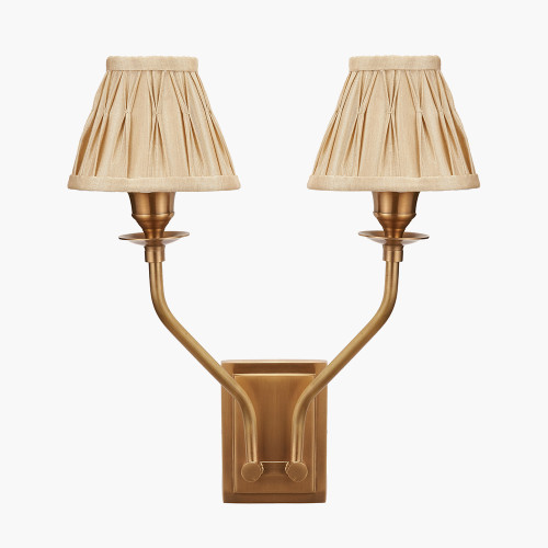 pacific lifestyle Tatiana Antique Brass Metal Double Wall Light with Garbo 15cm Gold Silk Mix Pinch Pleat Tapered Candle Clip Lampshades